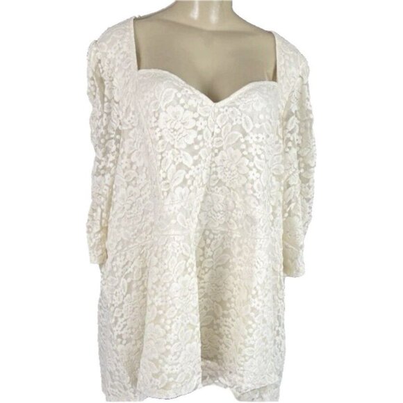 Torrid +5 Cream Sweetheart Neck Floral Lace Mesh Lined Half Sleeve Peplum Blouse - Picture 2 of 6